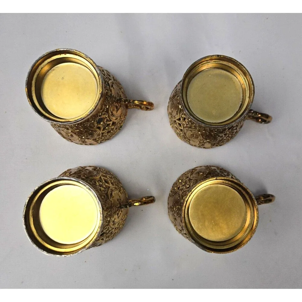 Gold Brass Gilded Plated Metal Demitasse Tea Set Cup Holder & Saucer Set of 4 - Picture 11 of 13